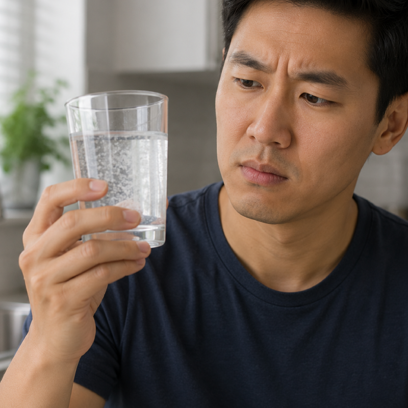 Water Treatment Resources 29 Man looking at his water with disgust because of bad tasting and smelly water