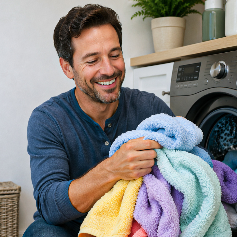 Man happy with his towels after getting a softener for his hard water.