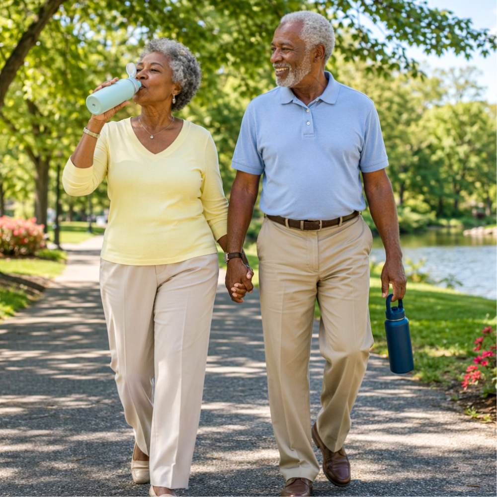 Best Whole House Water Filtration Solutions 7 Senior Couple walking with their filtered water