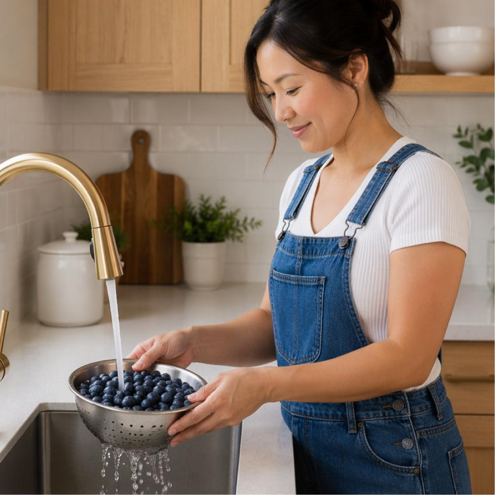 Best UV Water Sterilization Solutions 4 Woman safely rinsing blueberries in the sink with UV Sanitized water from the faucet